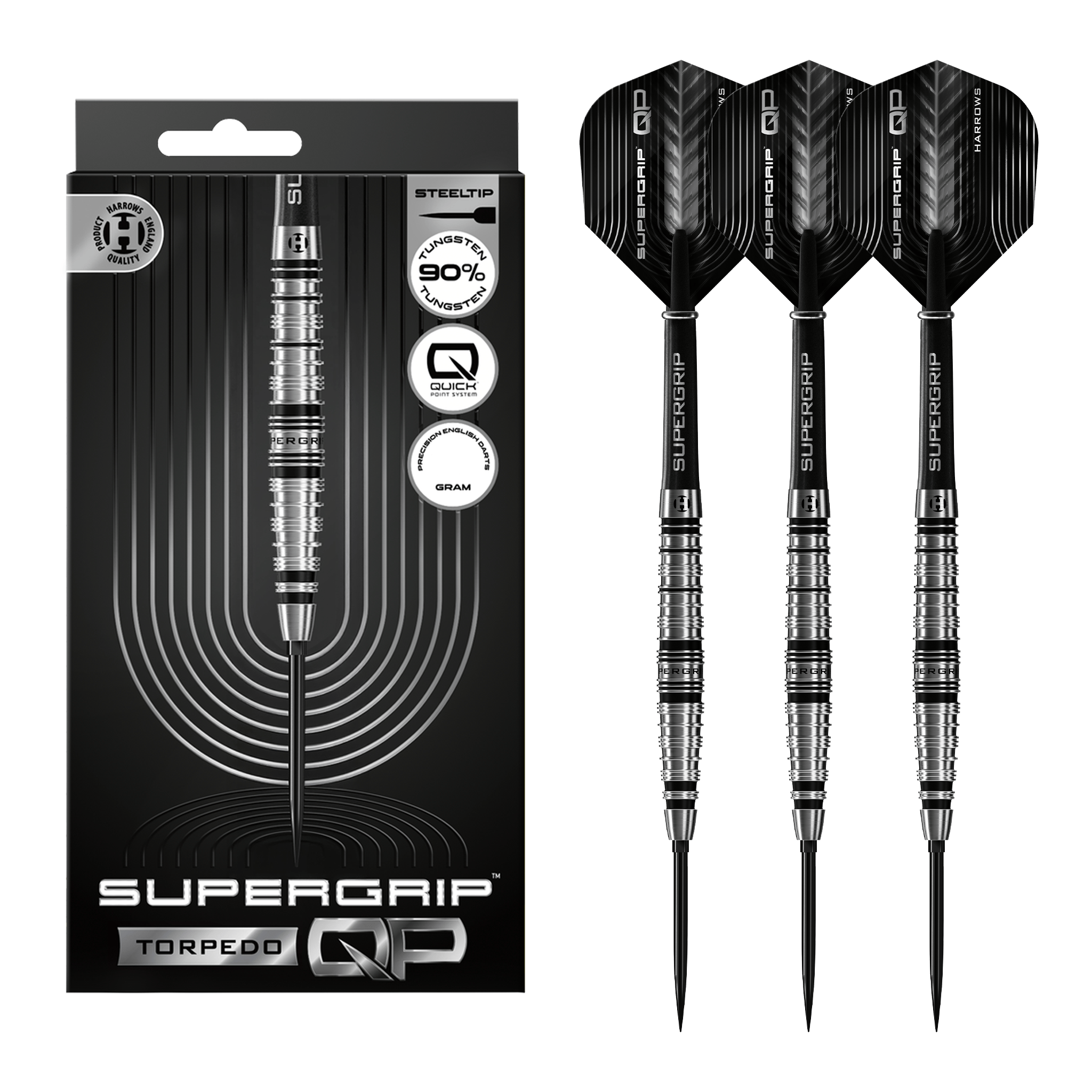 Harrows Supergrip Torpedo Quick Point - 90% Tungsten Steel Tip Darts 22 Grams Darts
