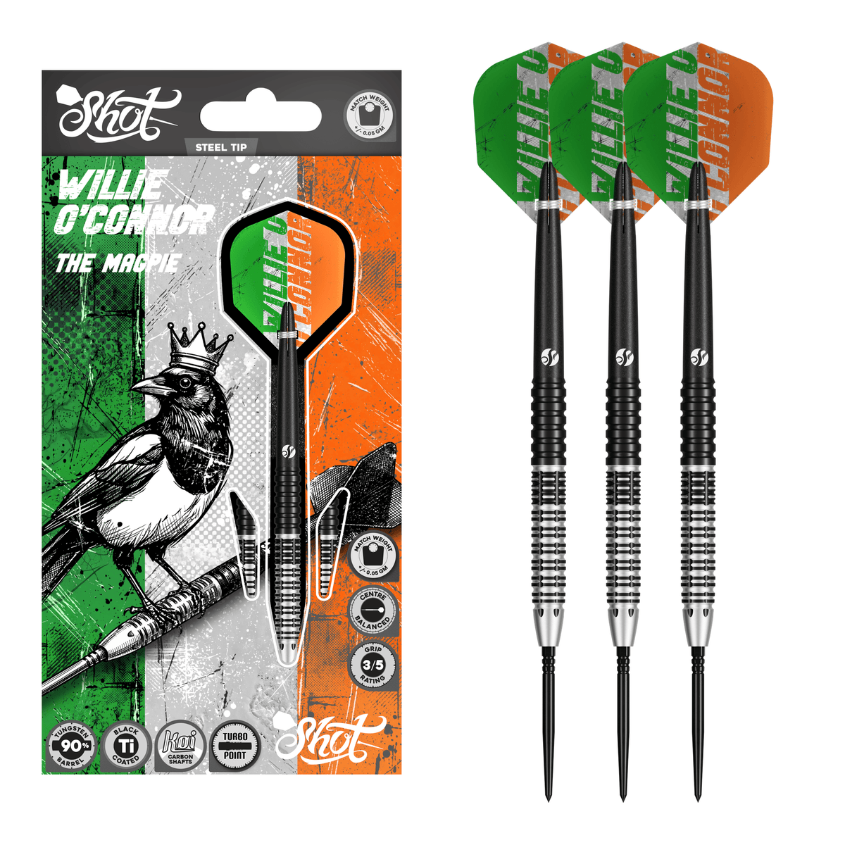 Shot Willie O'Connor Pro Series Magpie Turbo Point - 90% Tungsten Steel Tip Darts 23 Grams Darts