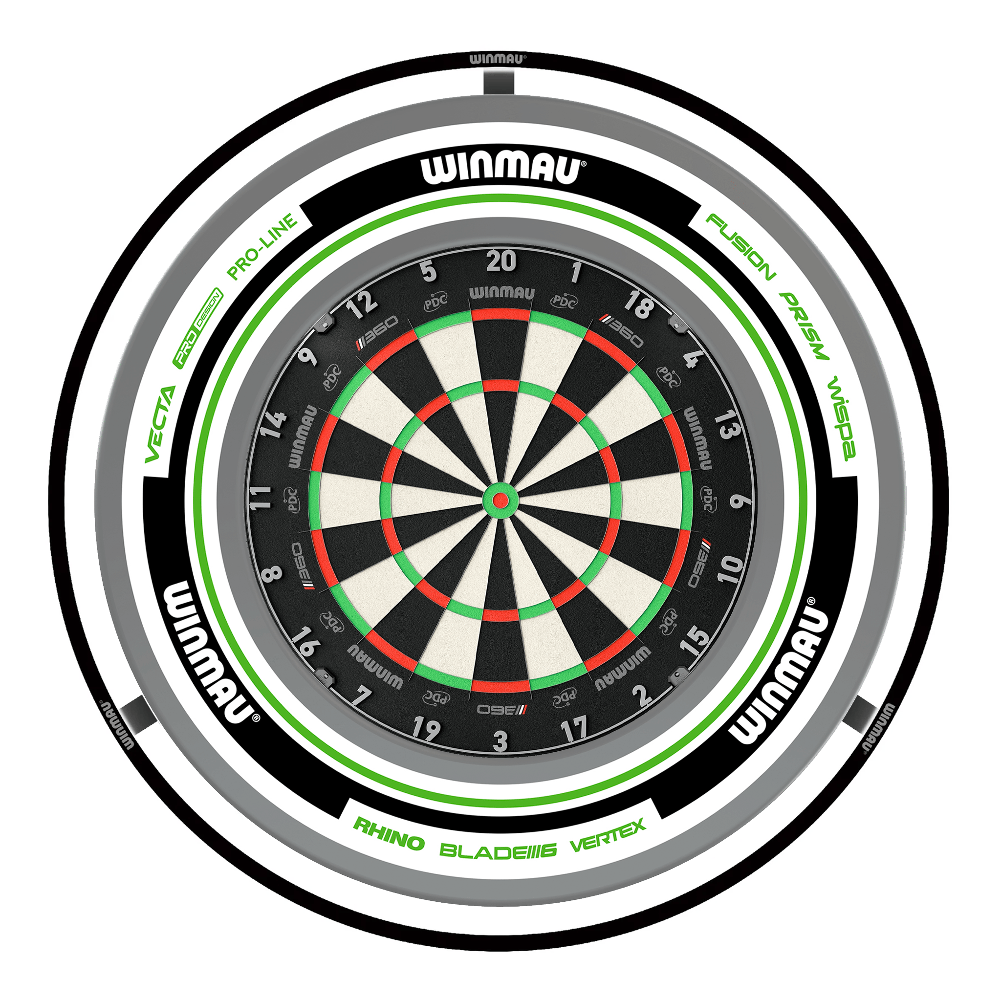 Winmau Blade 360 Dartboard, Surround & Black Plasma Light Bundle Blade 360 / Advance White/Green / Winmau Plasma Black Boards