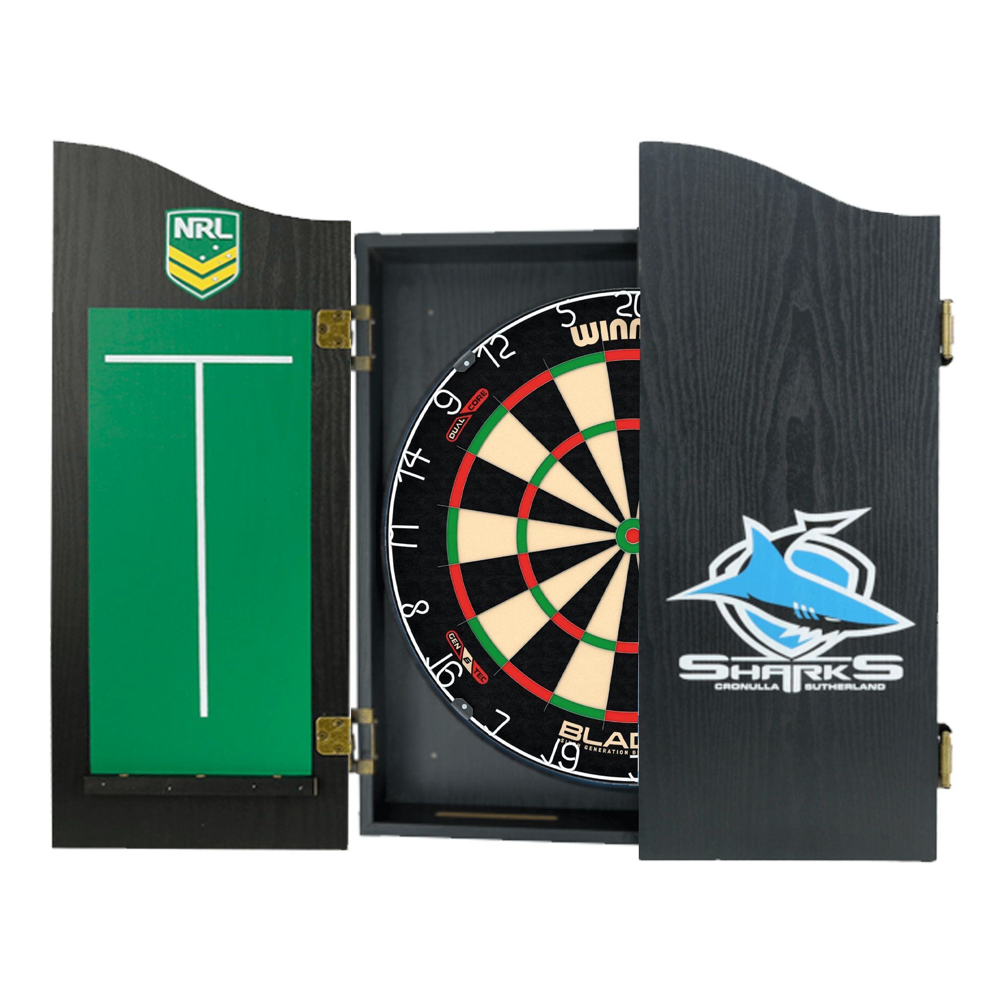Winmau Blade 6 Dartboard, Official NRL Cabinet & Darts - Complete Darts Set Boards