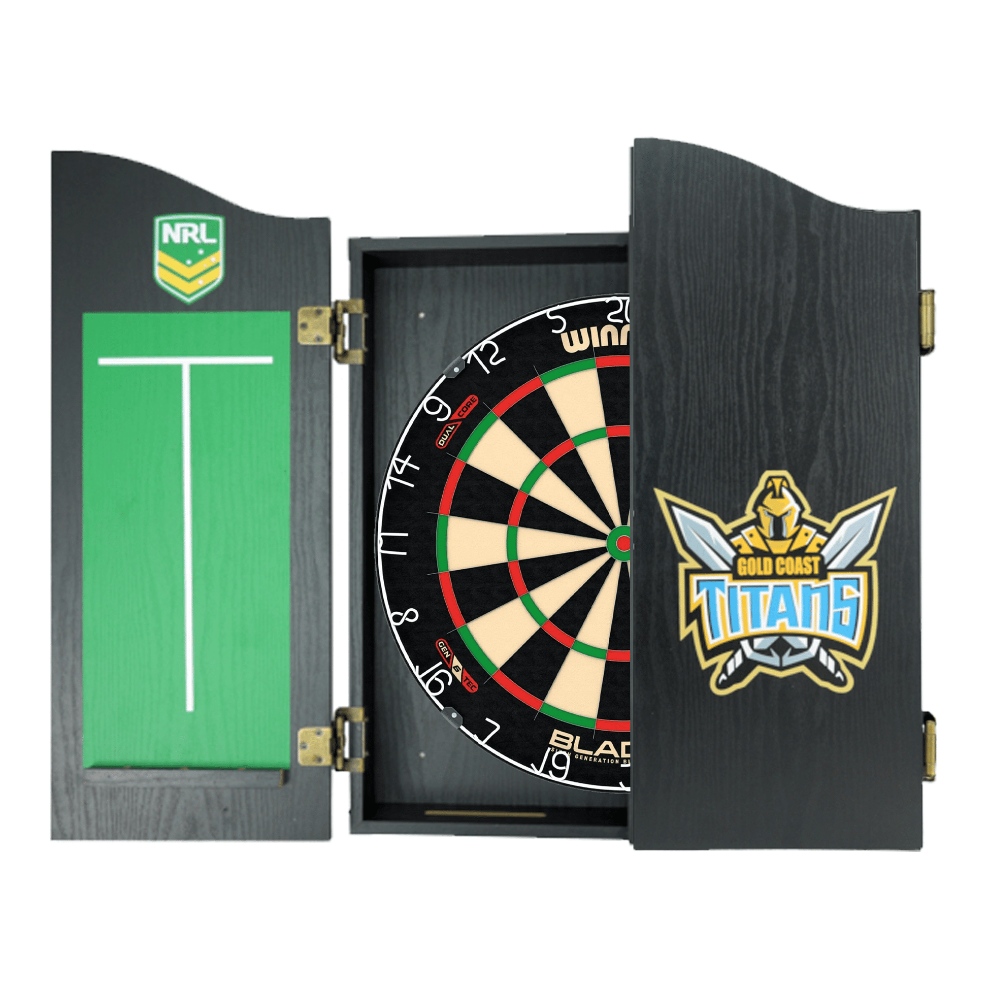 Winmau Blade 6 Dartboard, Official NRL Cabinet & Darts - Complete Darts Set Boards