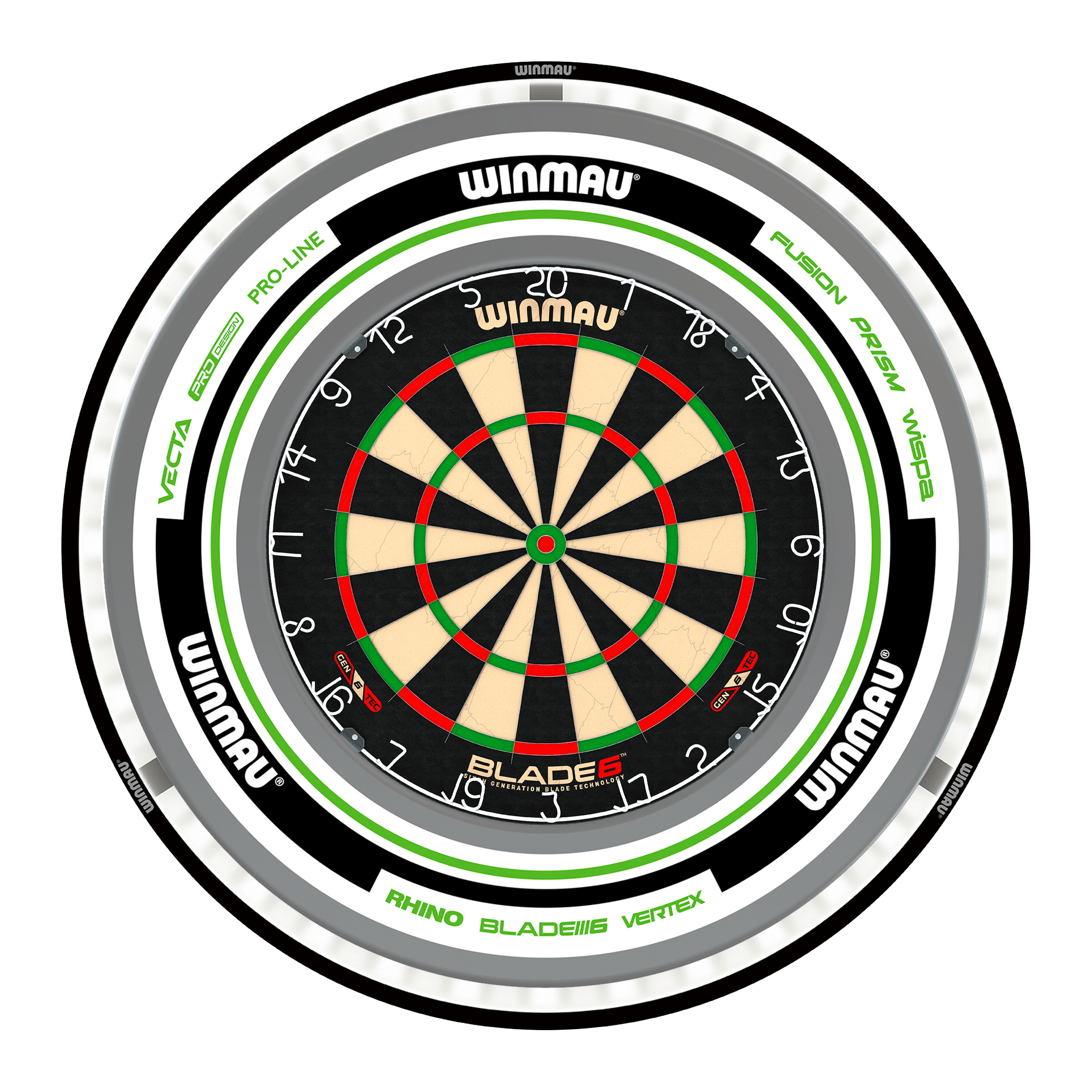 Winmau Blade 6 Dartboard, Surround & Black Plasma Light Bundle Blade 6 / Advance White/Green / Winmau Plasma Black Boards