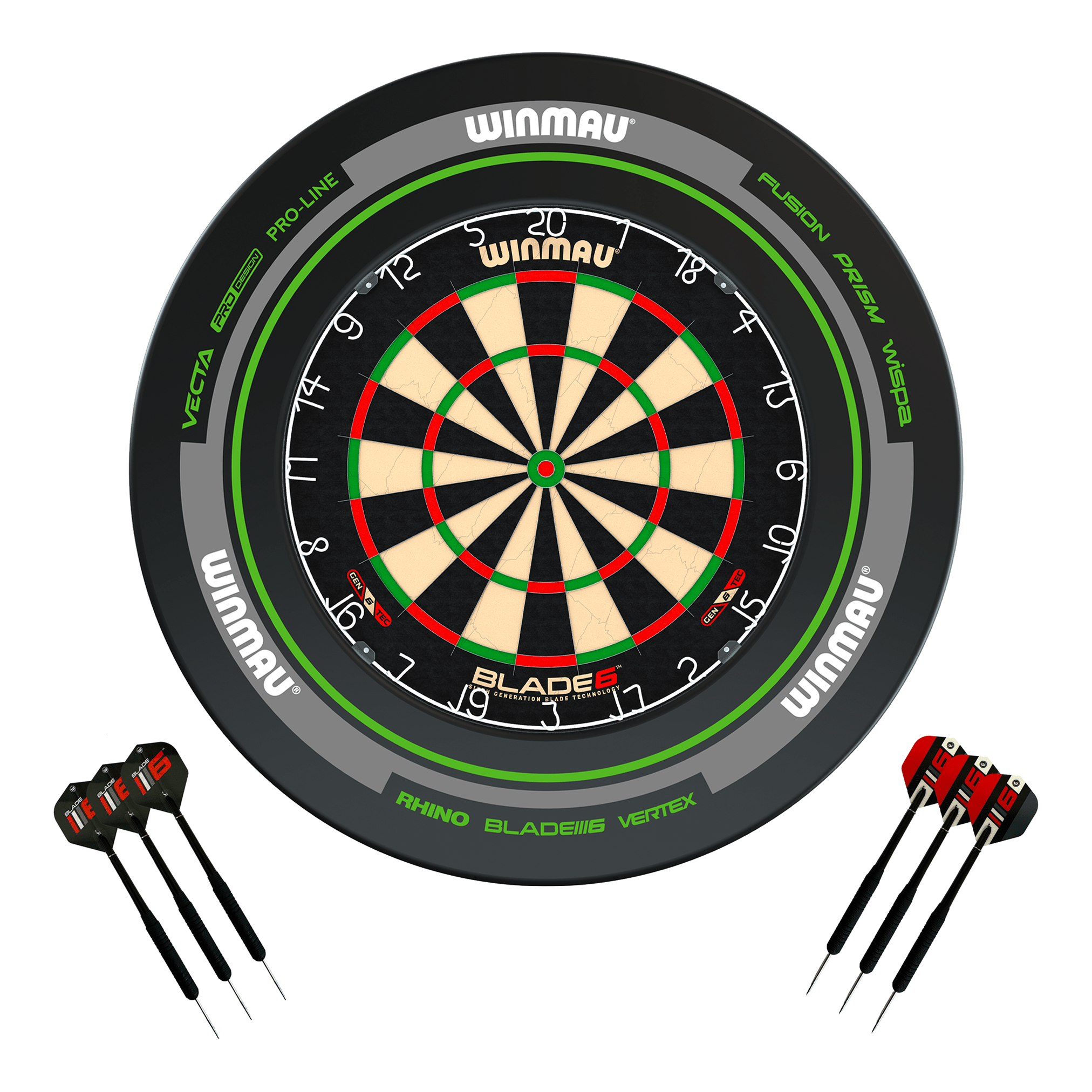 Winmau Blade 6 Dartboard, Surround & Darts - Complete Darts Set Blade 6 / Advance Black/Green Boards