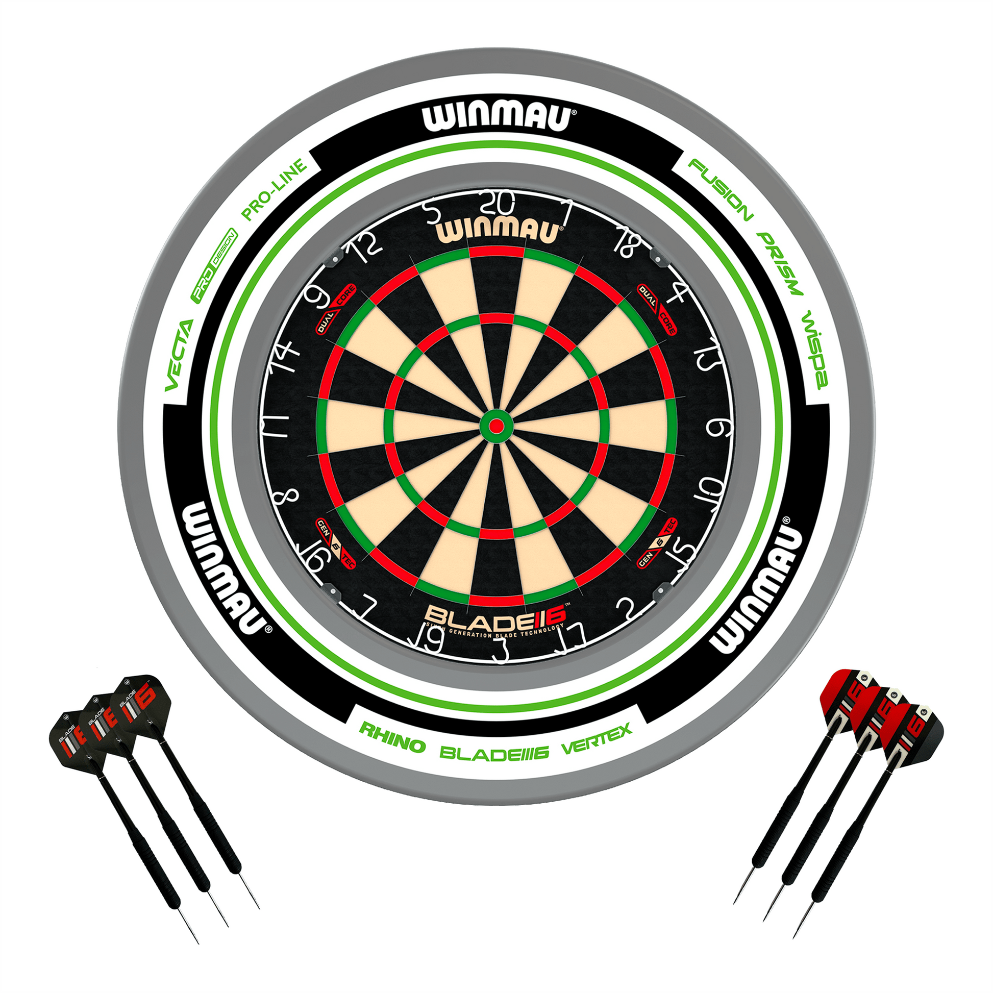 Winmau Blade 6 Dartboard, Surround & Darts - Complete Darts Set Blade 6 Dual Core / Advance White/Green Boards