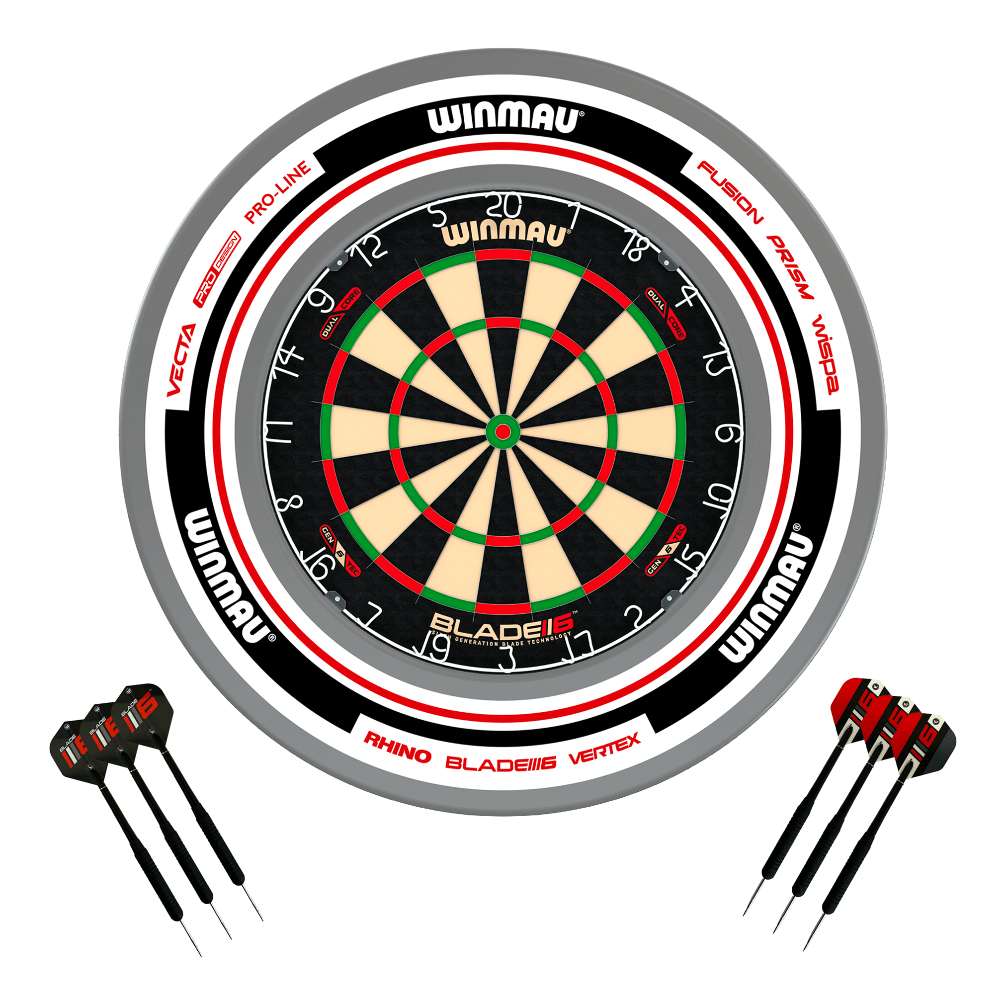 Winmau Blade 6 Dartboard, Surround & Darts - Complete Darts Set Blade 6 Dual Core / Advance White/Red Boards