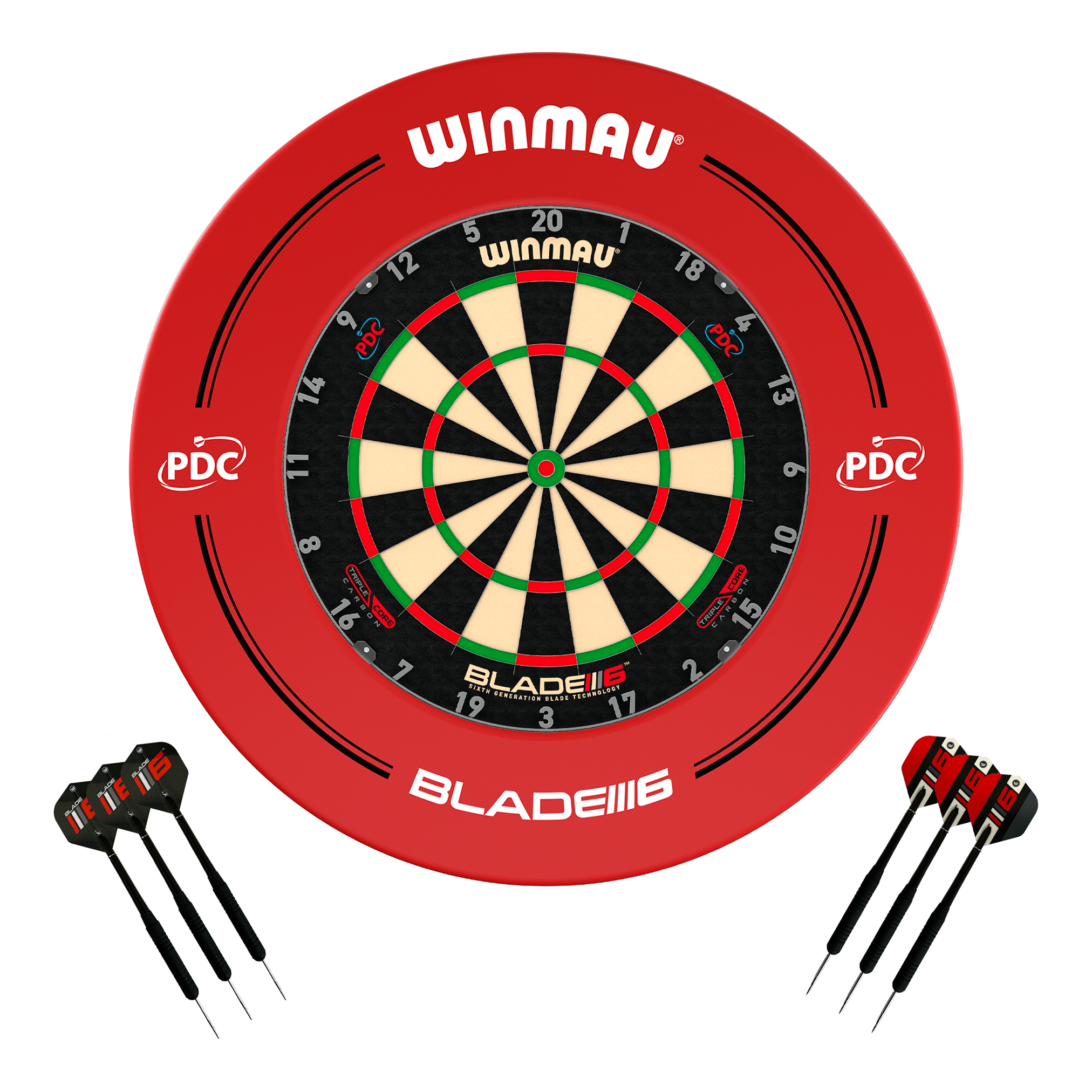 Winmau Blade 6 Dartboard, Surround & Darts - Complete Darts Set Blade 6 Triple Core / PDC Red Boards