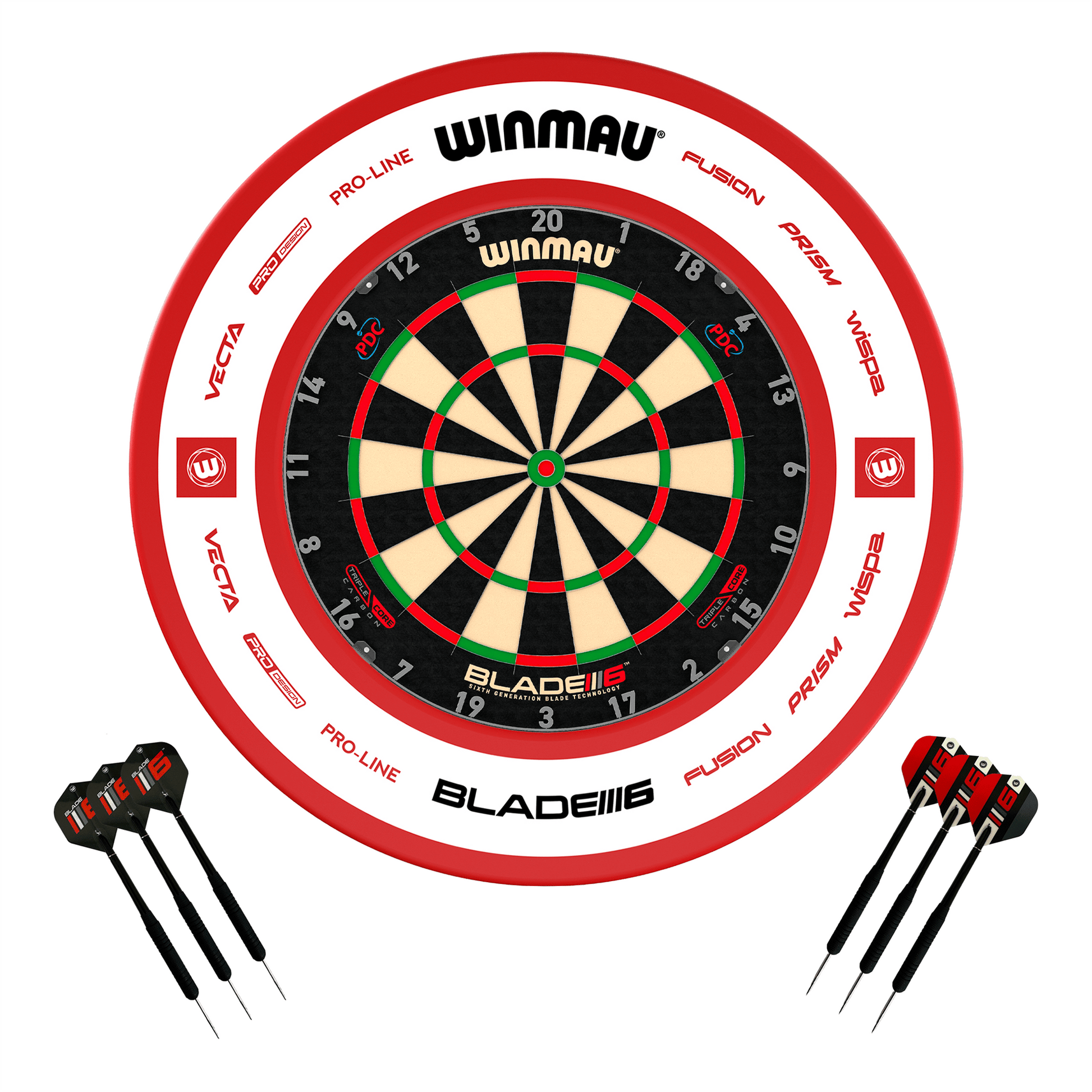 Winmau Blade 6 Dartboard, Surround & Darts - Complete Darts Set Blade 6 Triple Core / Pro 2.0 Red Boards