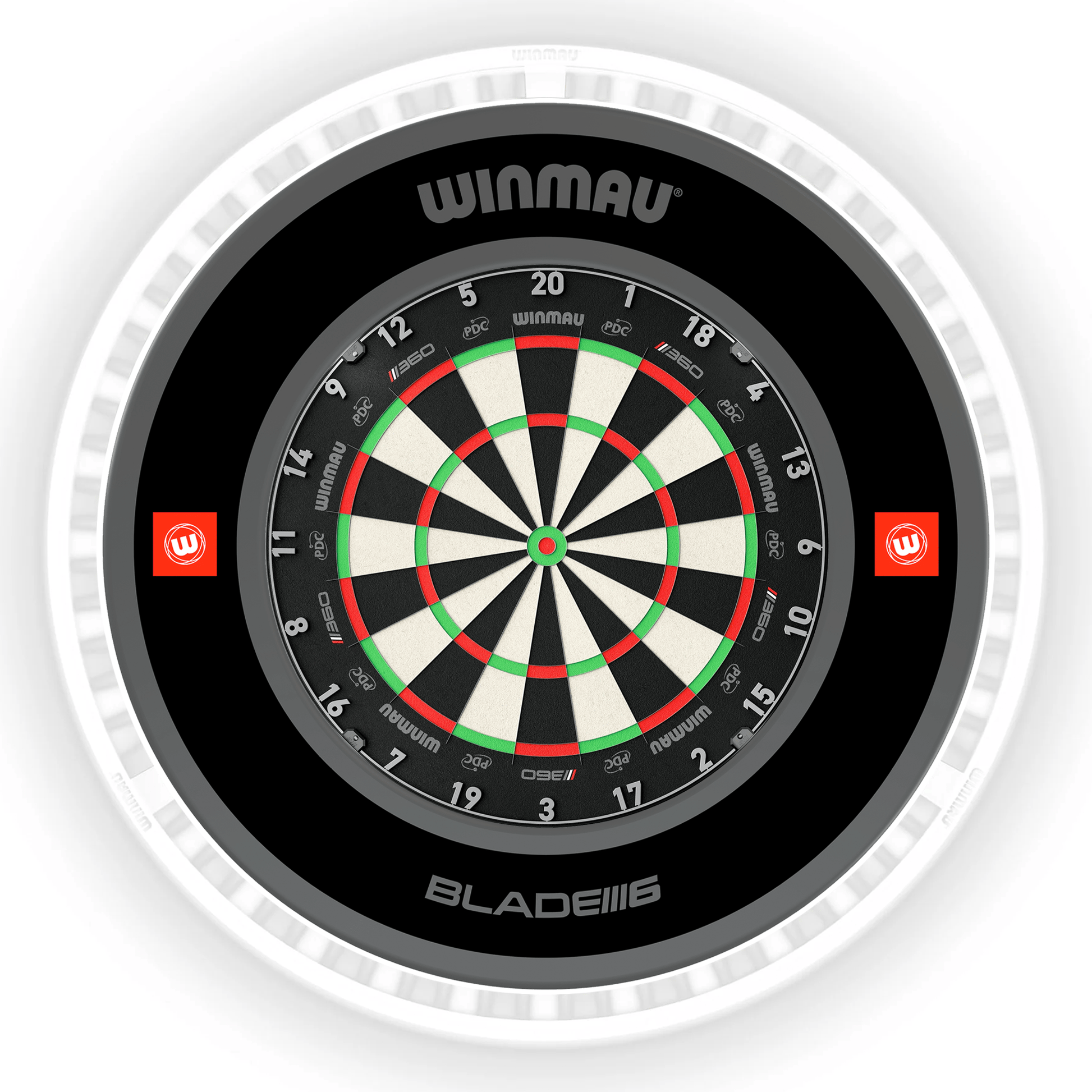 Winmau Blade 6 Dartboard, Surround & Ice White Plasma Light Bundle Blade 360 / Pro 1.0 Black / Winmau Plasma Ice White Boards