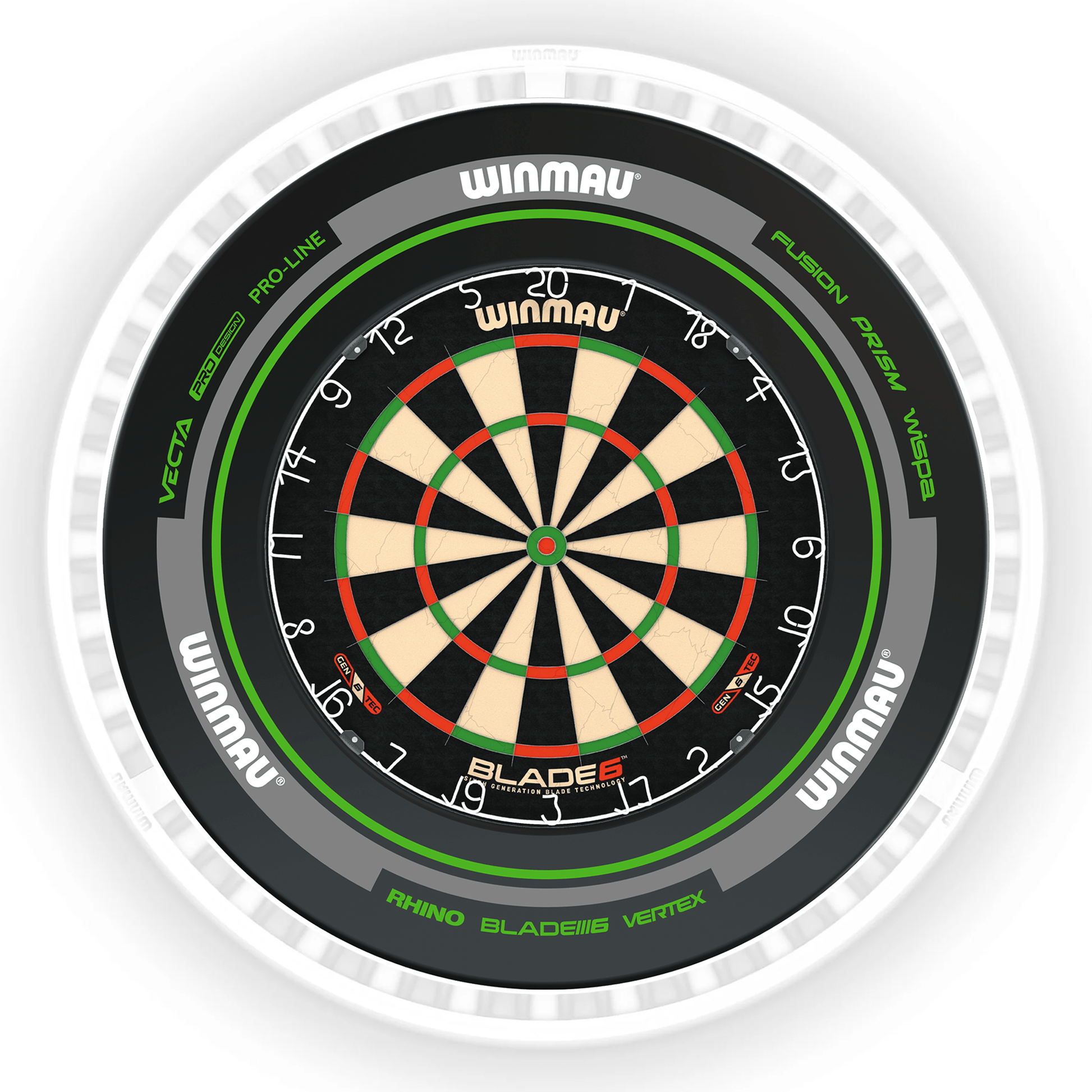 Winmau Blade 6 Dartboard, Surround & Ice White Plasma Light Bundle Blade 6 / Advance Black/Green / Winmau Plasma Ice White Boards