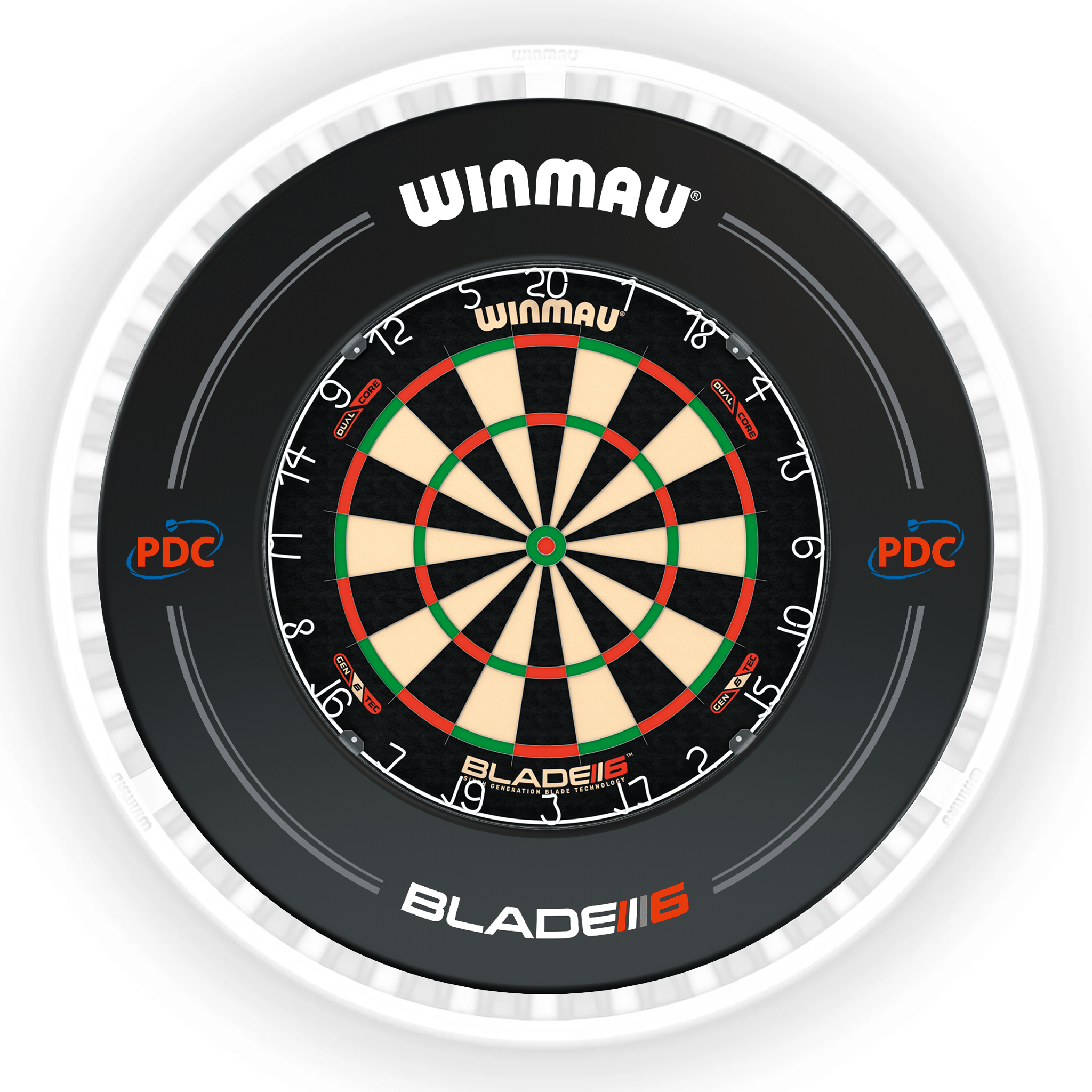 Winmau Blade 6 Dartboard, Surround & Ice White Plasma Light Bundle Blade 6 Dual Core / PDC Black / Winmau Plasma Ice White Boards