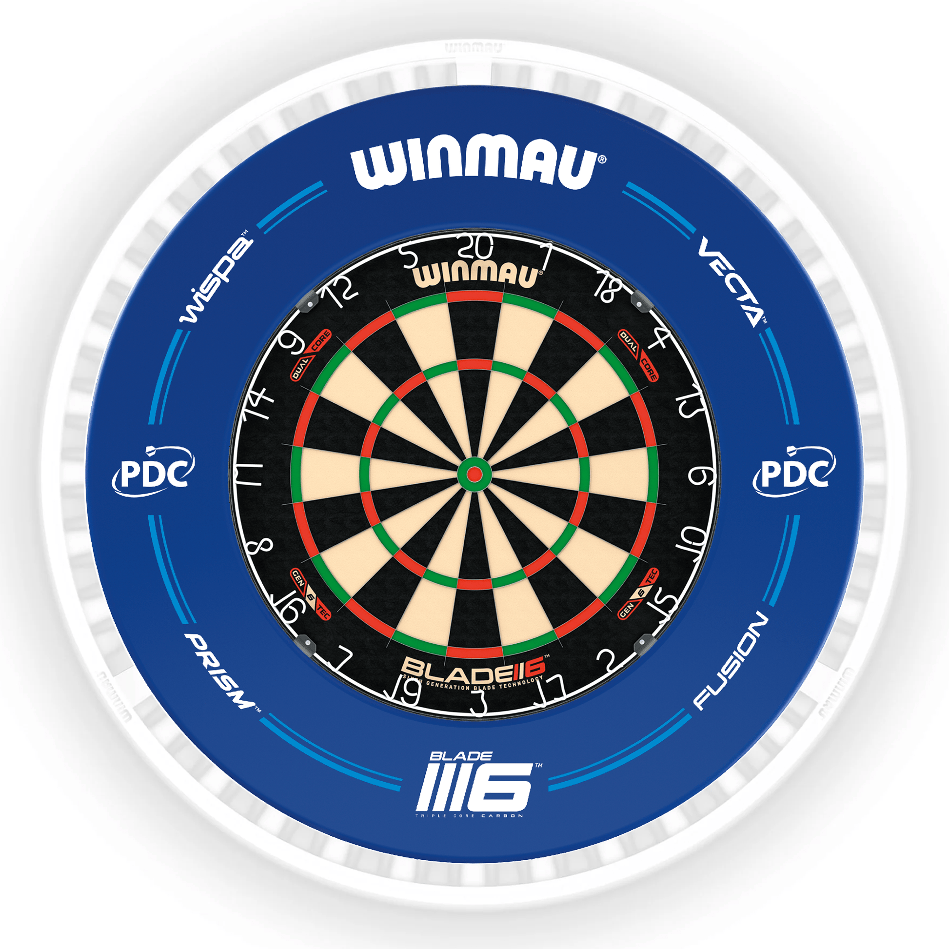 Winmau Blade 6 Dartboard, Surround & Ice White Plasma Light Bundle Blade 6 Dual Core / PDC Blue / Winmau Plasma Ice White Boards