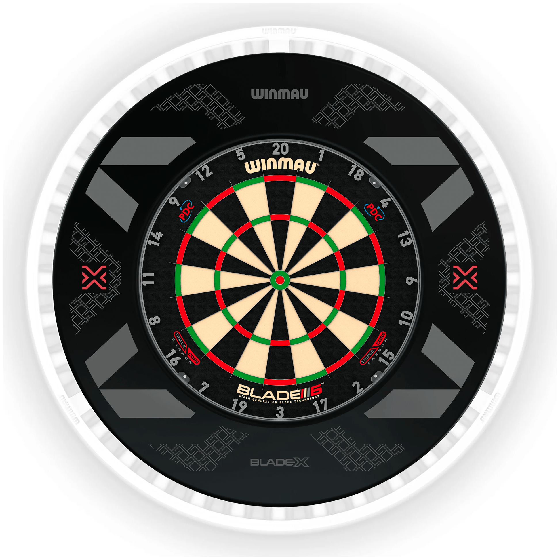 Winmau Blade 6 Dartboard, Surround & Ice White Plasma Light Bundle Blade 6 Triple Core / Blade X / Winmau Plasma Ice White Boards