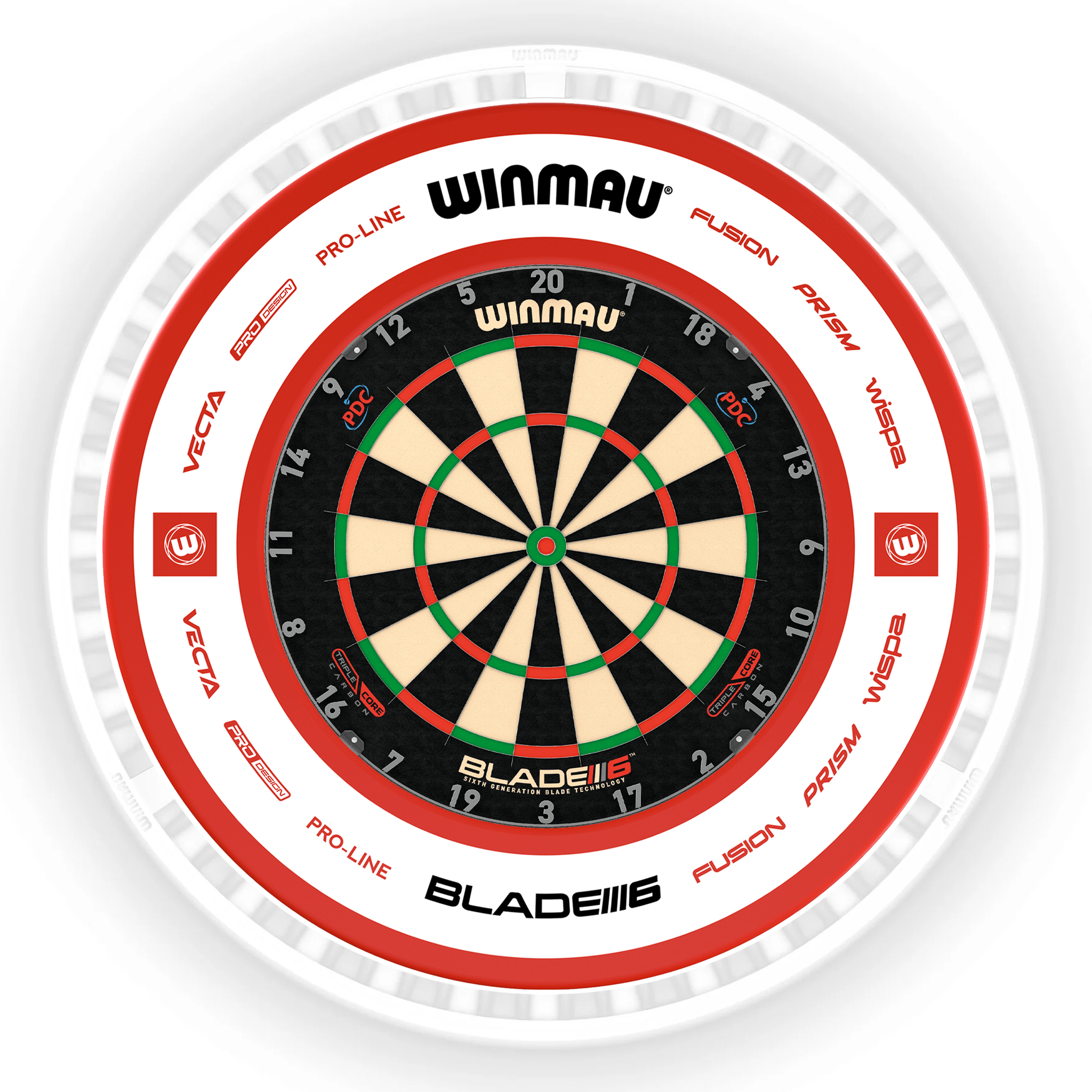Winmau Blade 6 Dartboard, Surround & Ice White Plasma Light Bundle Blade 6 Triple Core / Pro 2.0 Red / Winmau Plasma Ice White Boards