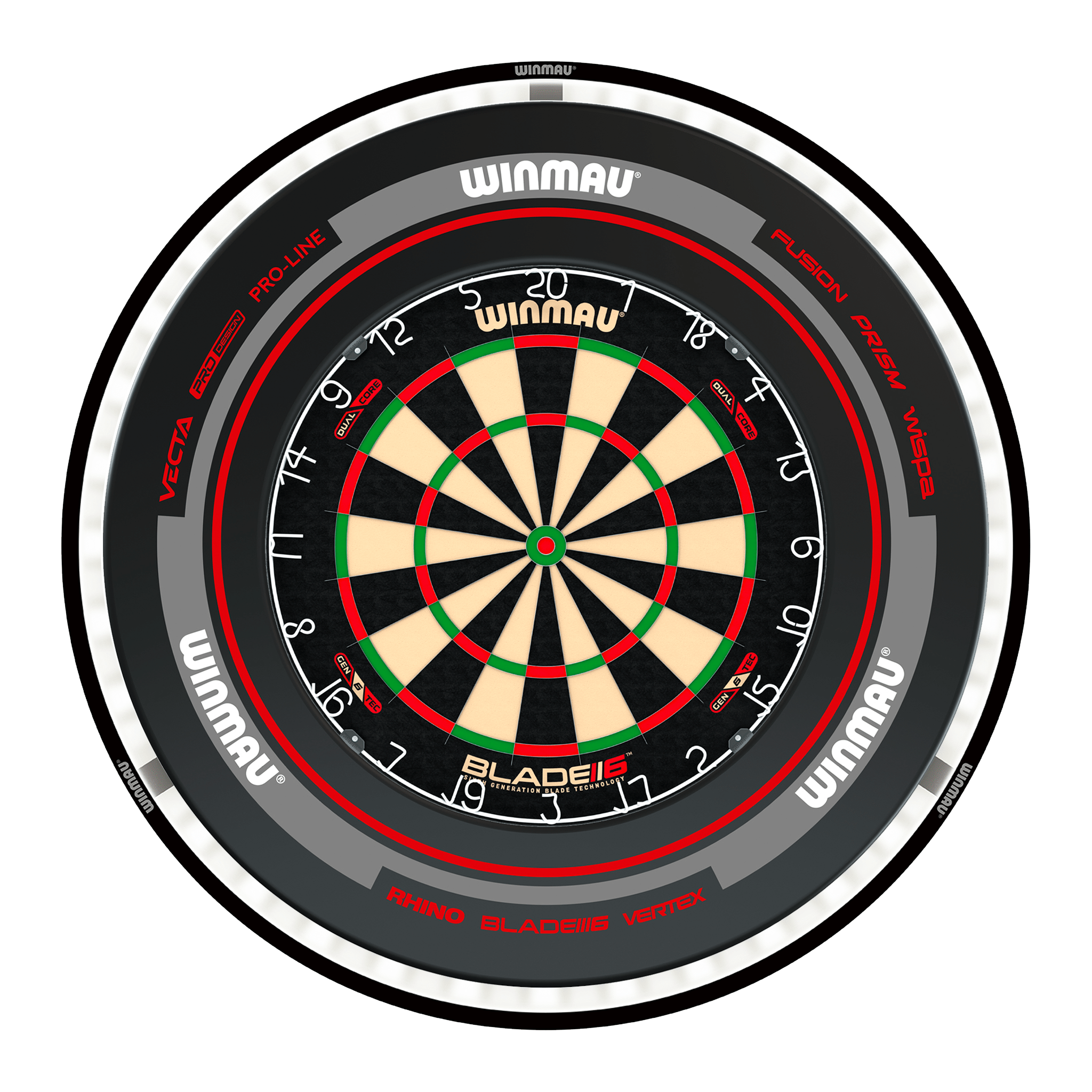 Winmau Blade 6 Dual Core Dartboard, Surround & Black Plasma Light Bundle Blade 6 Dual Core / Advance Black/Red / Winmau Plasma Black Boards