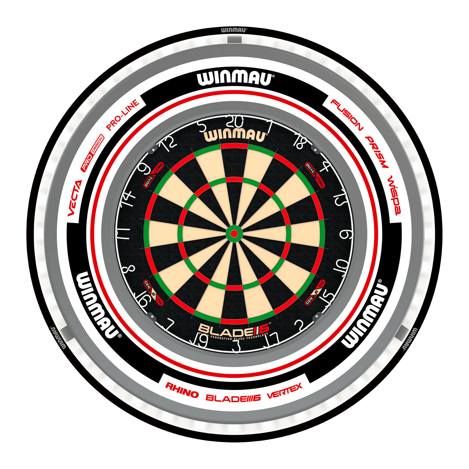 Winmau Blade 6 Dual Core Dartboard, Surround & Black Plasma Light Bundle Blade 6 Dual Core / Advance White/Red / Winmau Plasma Black Boards