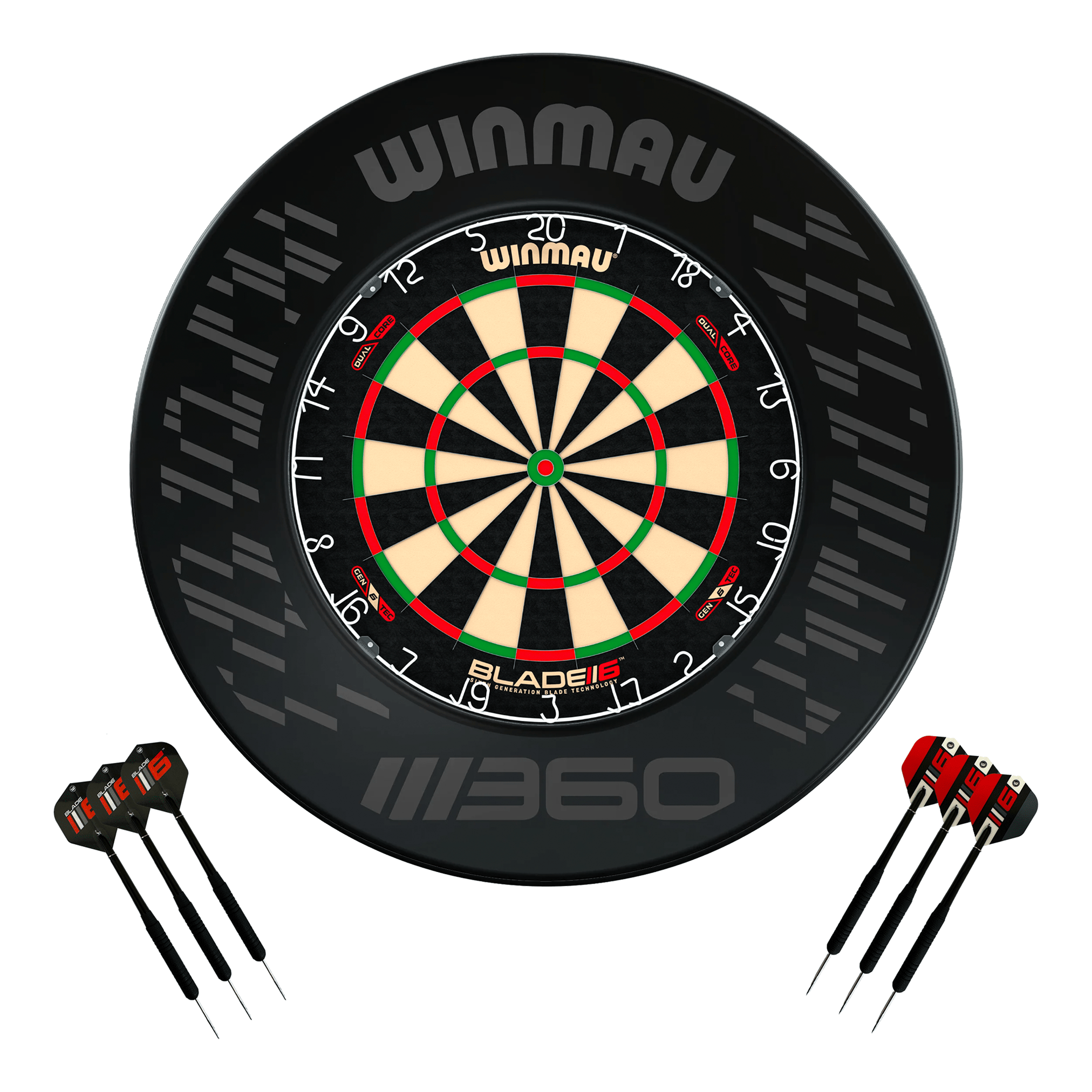 Winmau Blade 6 Dual Core Dartboard, Surround & Darts - Complete Darts Set Blade 6 Dual Core / Blade 360 Boards