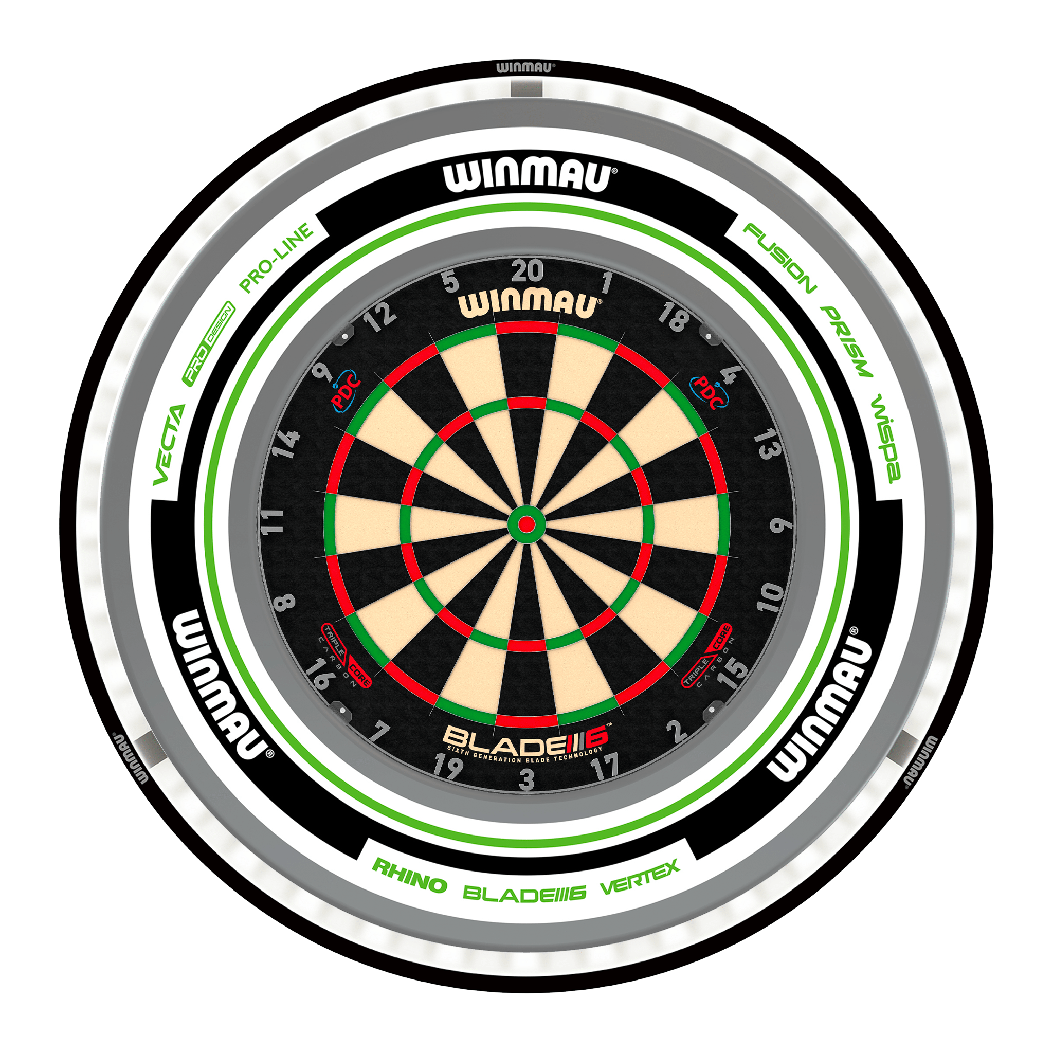 Winmau Blade 6 Triple Core Dartboard, Surround & Black Plasma Light Bundle Blade 6 Triple Core / Advance White/Green / Winmau Plasma Black Boards