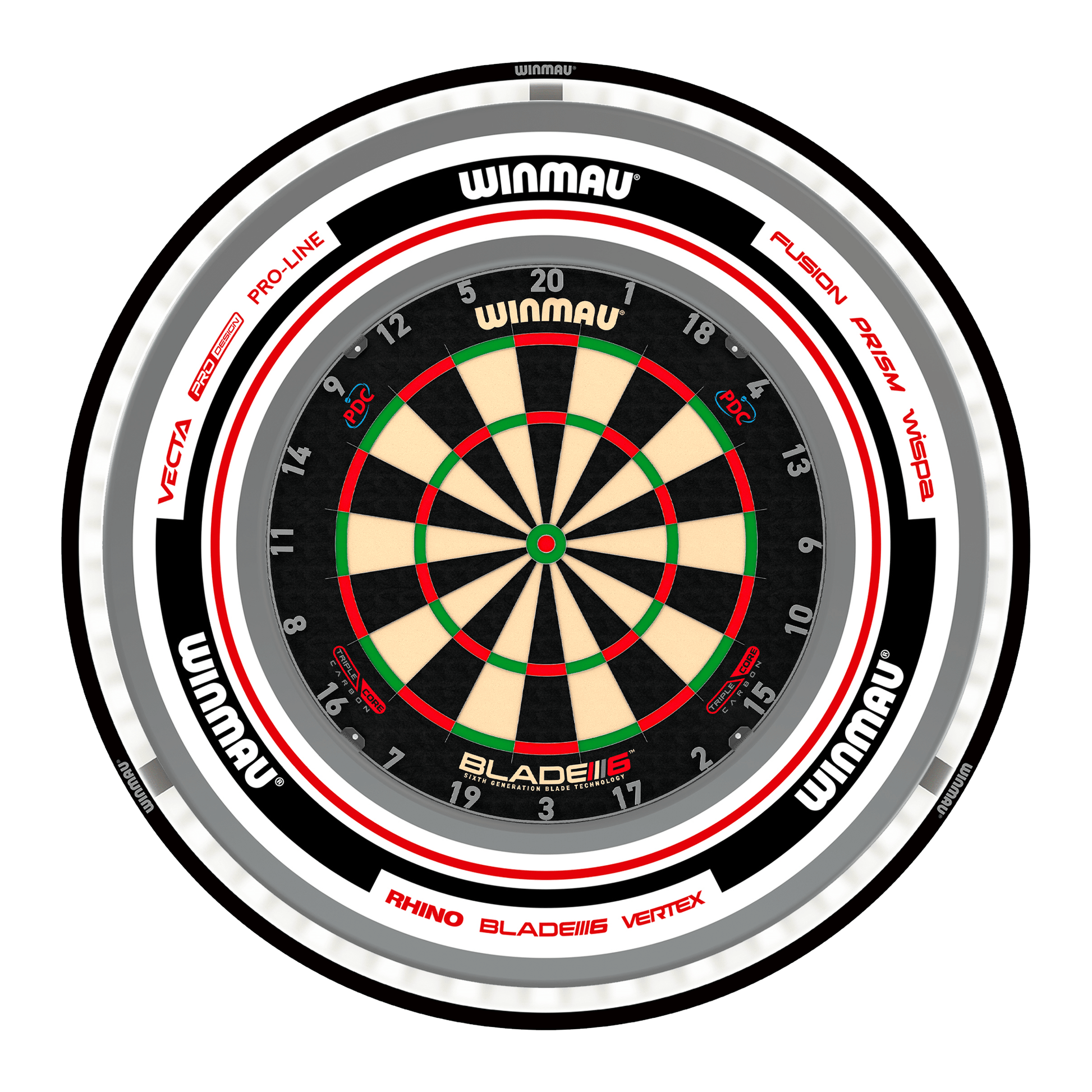 Winmau Blade 6 Triple Core Dartboard, Surround & Black Plasma Light Bundle Blade 6 Triple Core / Advance White/Red / Winmau Plasma Black Boards