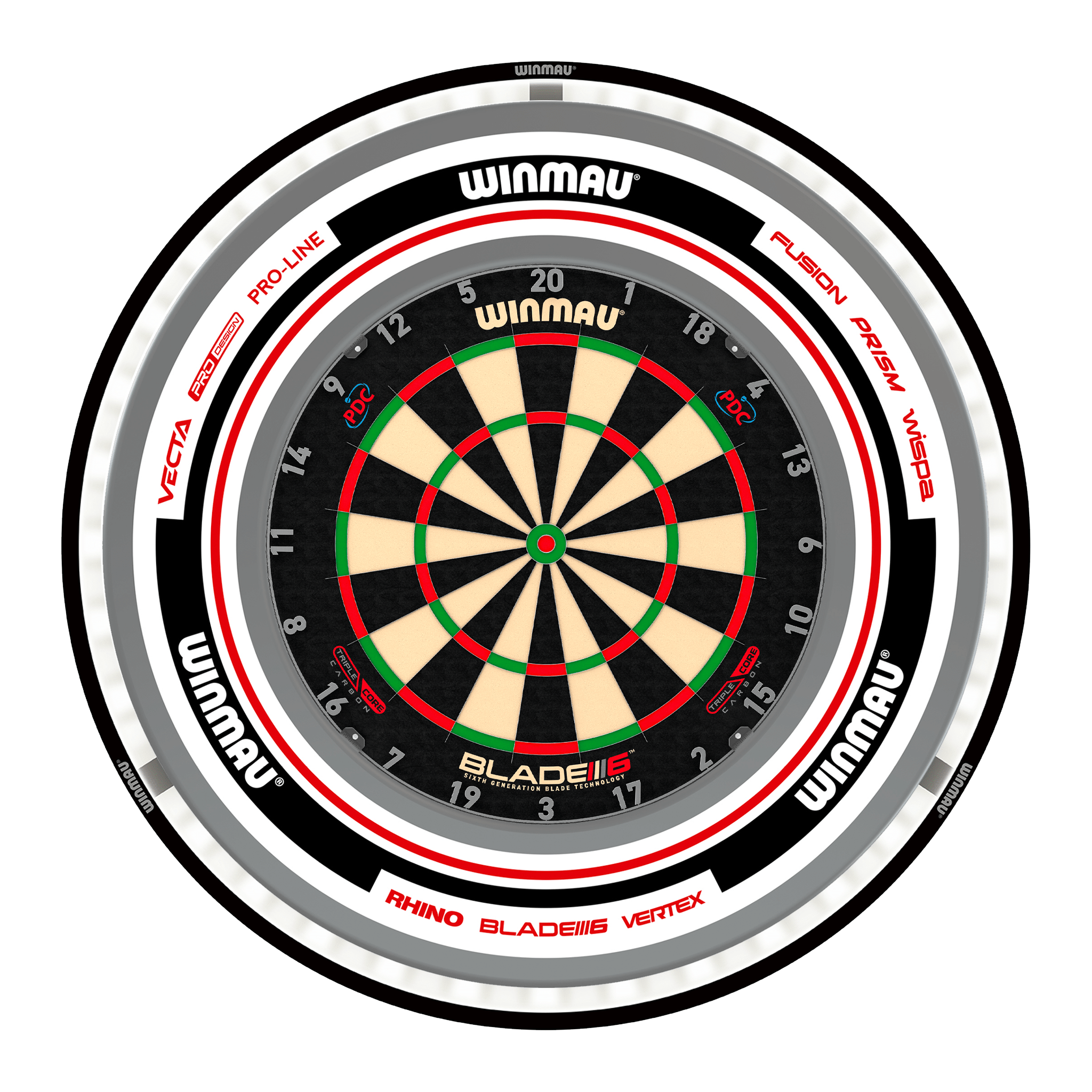 Winmau Blade 6 Triple Core Dartboard, Surround & Black Plasma Light Bundle Blade 6 Triple Core / Advance White/Red / Winmau Plasma Black Boards