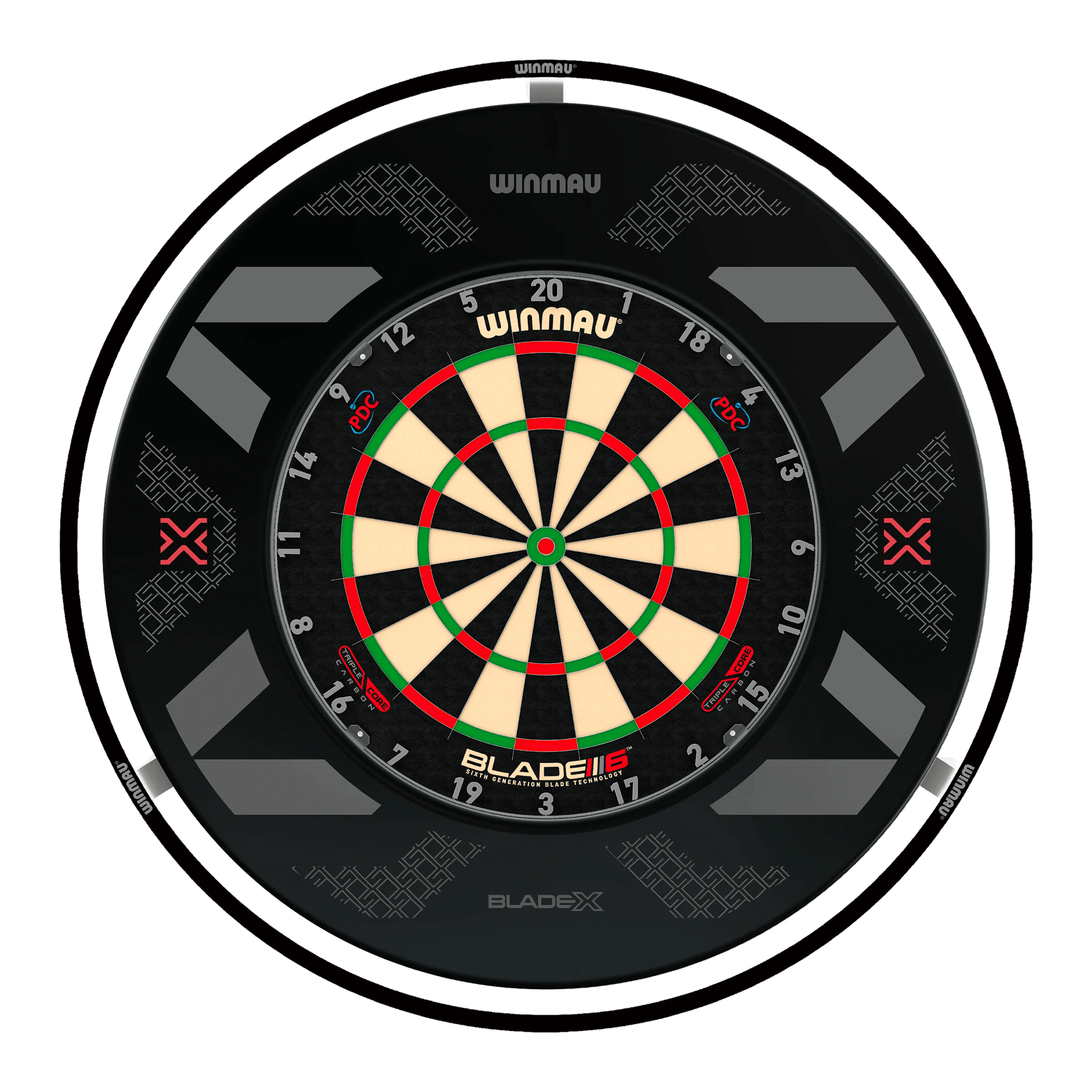 Winmau Blade 6 Triple Core Dartboard, Surround & Black Plasma Light Bundle Blade 6 Triple Core / Blade X / Winmau Plasma Black Boards