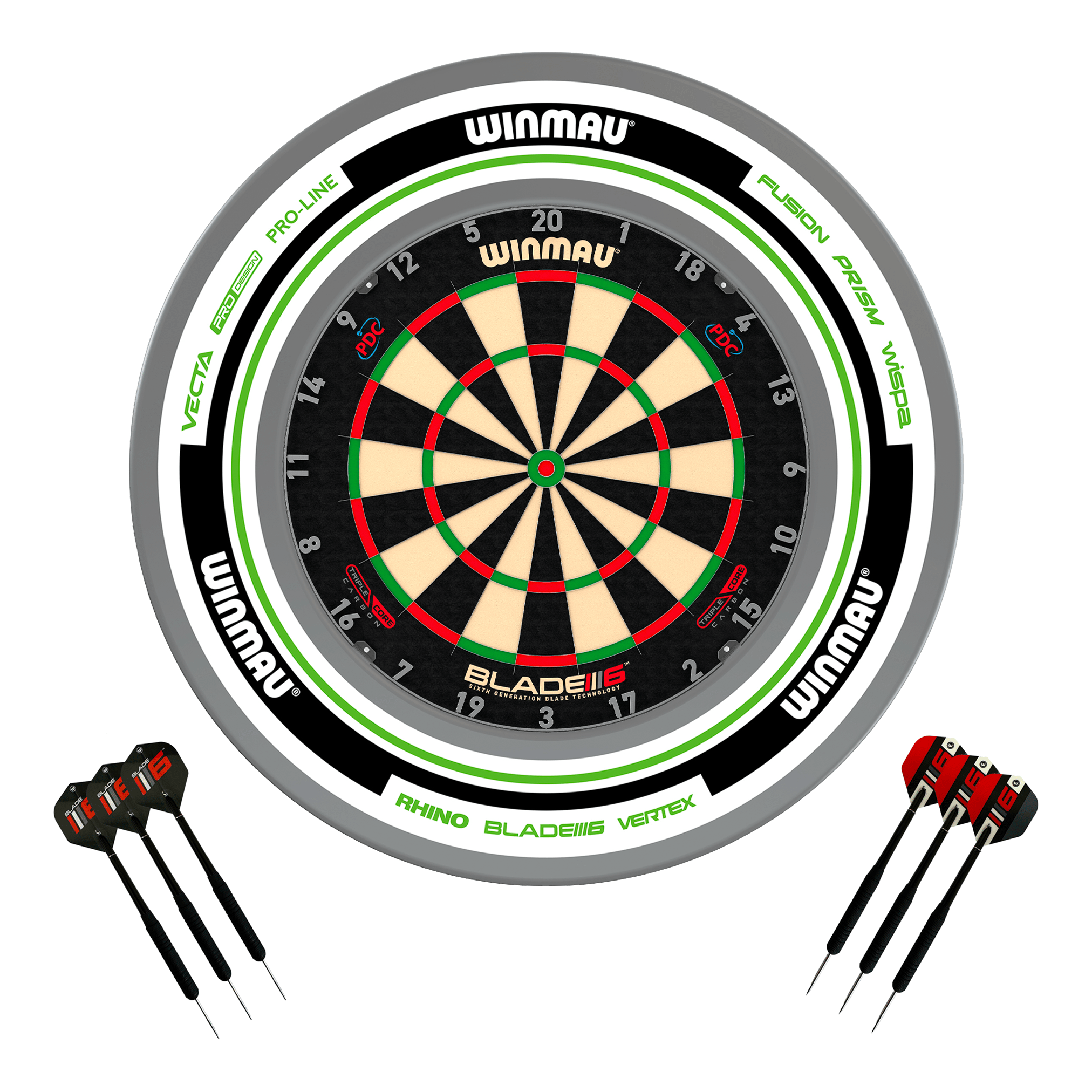 Winmau Blade 6 Triple Core Dartboard, Surround & Darts - Complete Darts Set Blade 6 Triple Core / Advance White/Green Boards