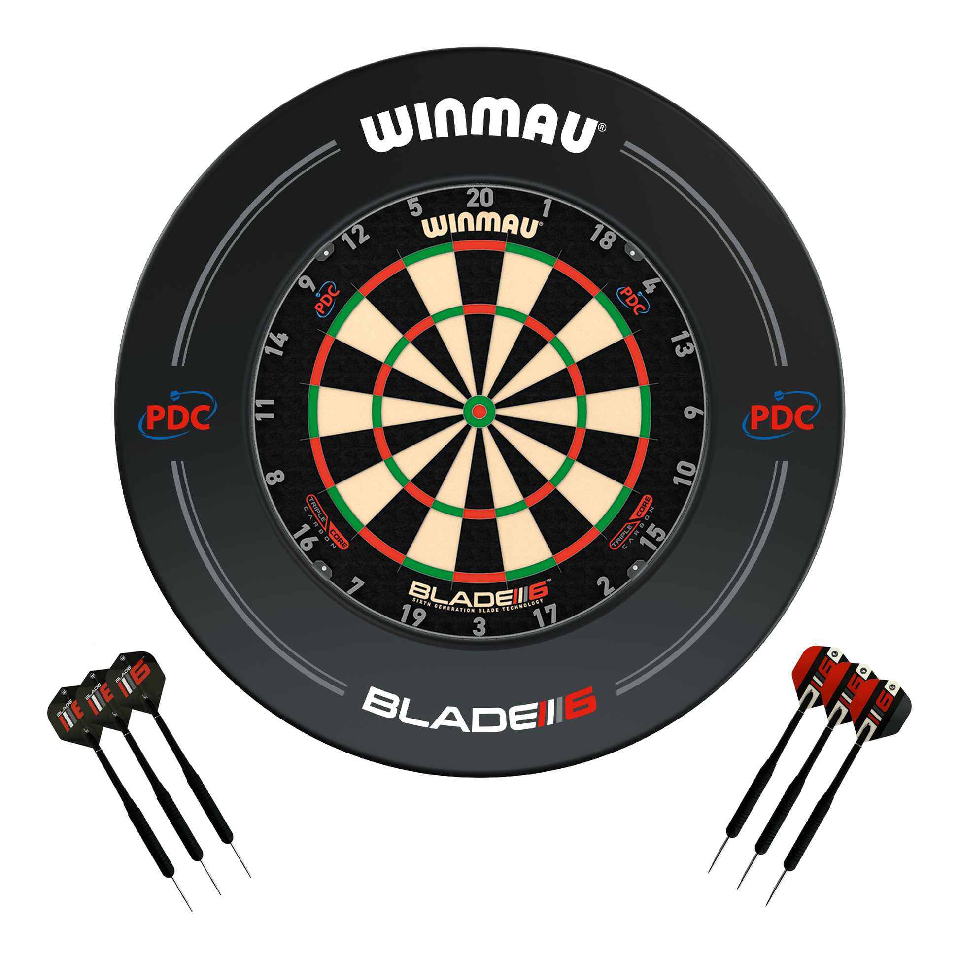 Winmau Blade 6 Triple Core Dartboard, Surround & Darts - Complete Darts Set Blade 6 Triple Core / PDC Black Boards