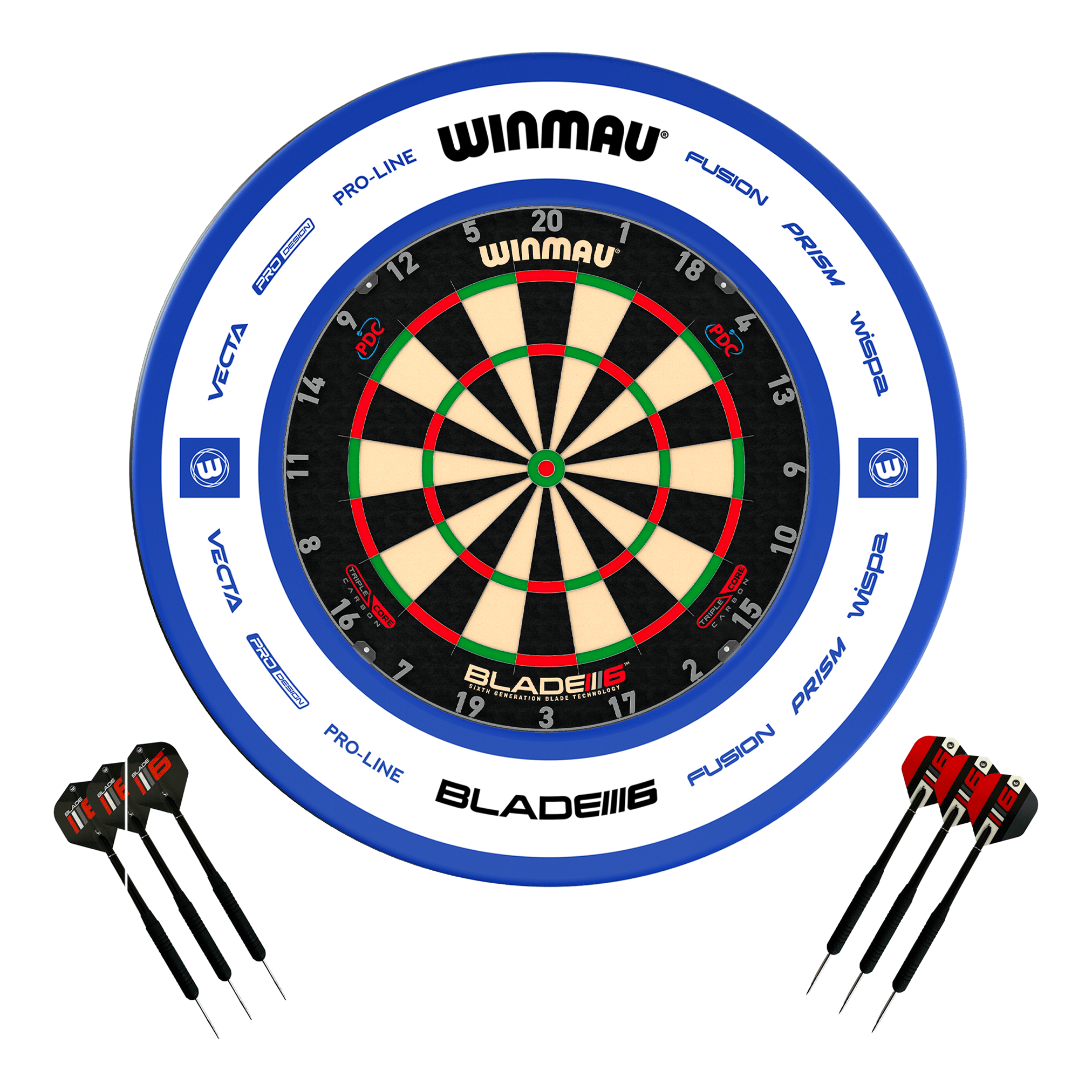Winmau Blade 6 Triple Core Dartboard, Surround & Darts - Complete Darts Set Blade 6 Triple Core / Pro 2.0 Blue Boards