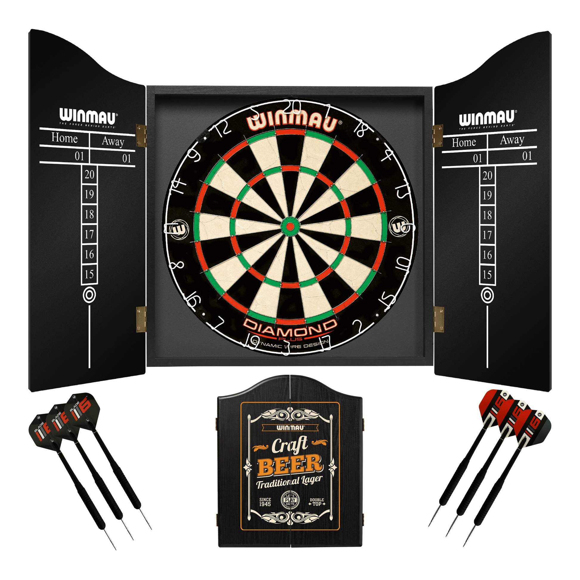 Winmau Diamond Plus Dartboard, Cabinet & Darts - Complete Darts Set Diamond Plus / Craft Beer Boards